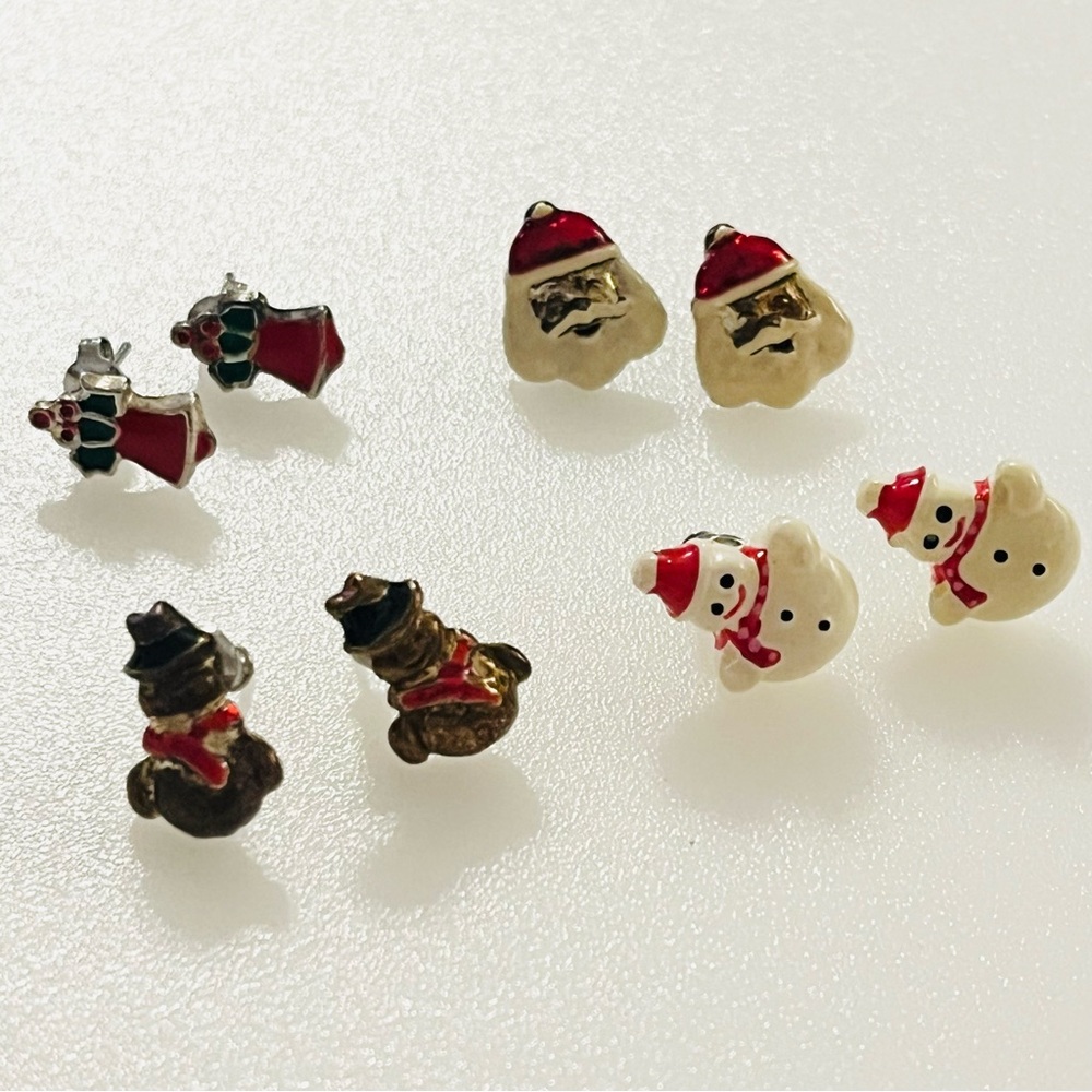 Four Sets Vintage Christmas Earring Stud Sets Santa Bell Snowmanholiday Jewelry